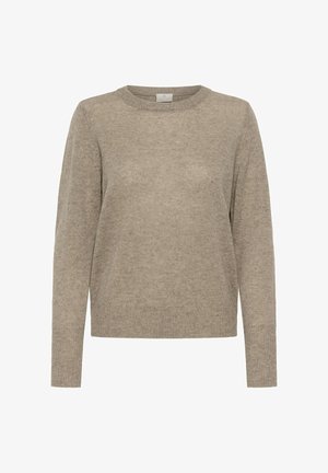 Beige knit sweater with a crew neckline, long sleeves, and ribbed cuffs, featuring a soft texture and a relaxed fit.