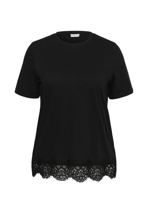 Schwarze Bluse mit kurzen Ärmeln, rundem Ausschnitt und gewelltem Spitzenabschluss am Saum.