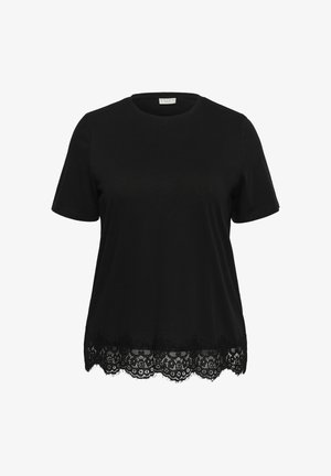 Bluza neagră cu mâneci scurte, decolteu rotund și detaliu de dantelă cu margine ondulată.