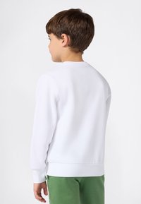 Gutt som vender bort, iført en hvit langermet skjorte og grønne bukser foran en enkel hvit bakgrunn.