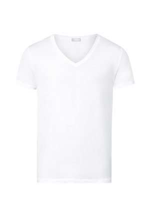 T-shirt bianca in cotone a maniche corte con scollatura a V, texture liscia e taglio classico, senza motivi né dettagli.