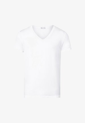 T-shirt bianca in cotone a maniche corte con scollatura a V, texture liscia e taglio classico, senza motivi né dettagli.