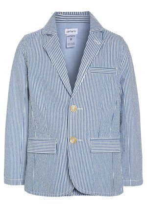 Blazer rayé bleu avec un col cranté, deux boutons et trois poches. Confectionné dans un tissu léger au toucher doux.