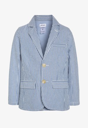 Blazer a righe blu con colletto a punte, due bottoni e tre tasche. Realizzato in un tessuto leggero con una consistenza morbida.