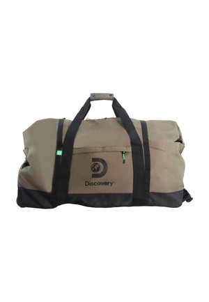 Borsa a tracolla in tessuto verde oliva con dettagli neri. Presenta doppi manici neri e una tasca frontale con zip. Logo Discovery ben visibile.