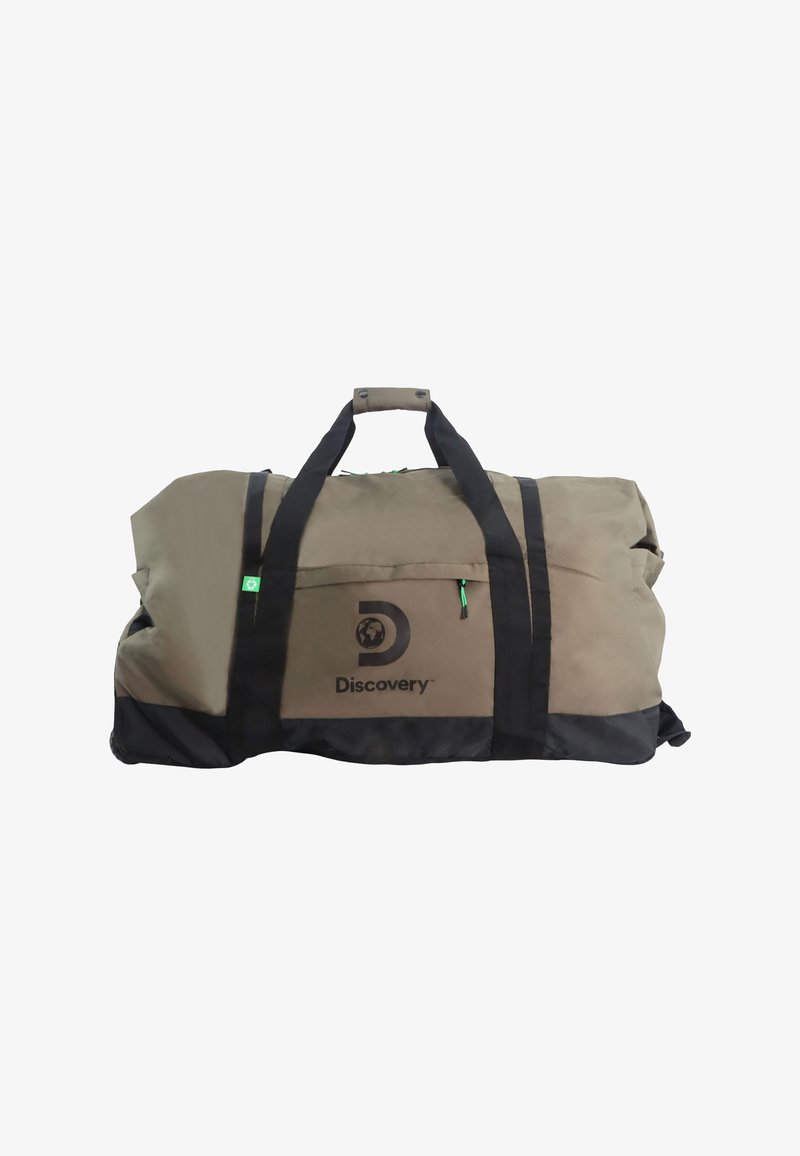 Borsa a tracolla in tessuto verde oliva con dettagli neri. Presenta doppi manici neri e una tasca frontale con zip. Logo Discovery ben visibile.