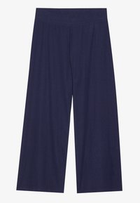 Navy wide-leg trousers with a textured ribbed fabric, featuring a seamless elastic waistband and a loose, flowing silhouette.