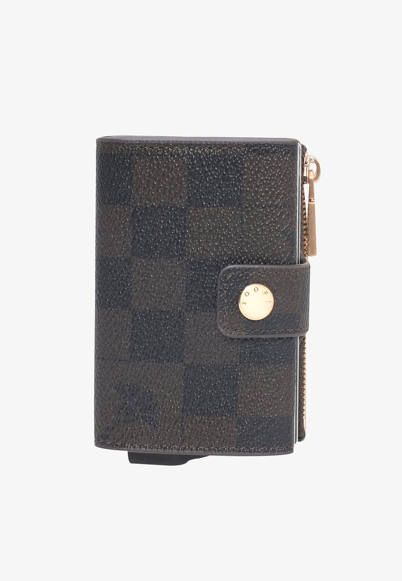 Brown patterned leather wallet with a zip closure and gold hardware, featuring a snap button and a rectangular shape. Textured surface detail.