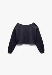 Czarny krótki sweatshirt z szerokim dekoltem, opadniętymi ramionami i ściągaczami. Wykonany z miękkiego, elastycznego materiału o gładkiej fakturze.