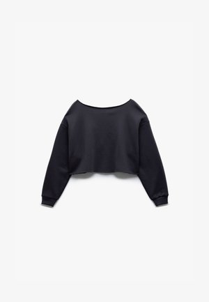 Zwarte cropped sweatshirt met een brede halslijn, verlaagde schouders en geribbelde manchetten. Gemaakt van zachte, rekbare stof met een gladde textuur.