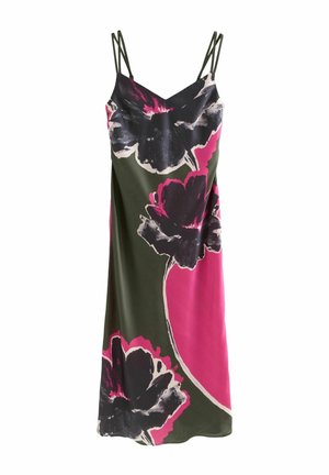 Robe sans manches avec fines bretelles présentant un grand motif floral noir et rose sur fond vert olive et rose vif.