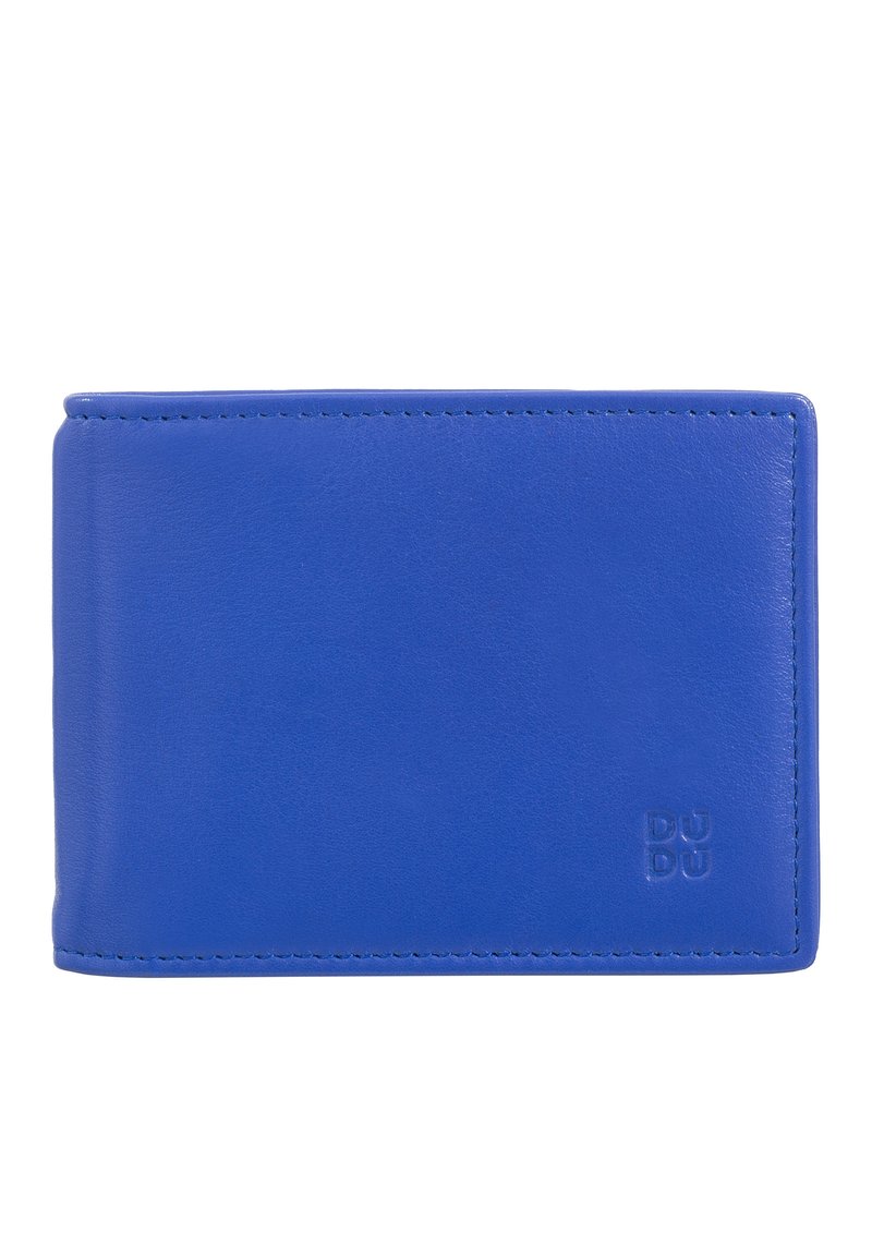 Portafoglio in pelle blu con texture liscia, forma rettangolare e cuciture visibili. Logo del marchio impresso nell'angolo in basso a destra.