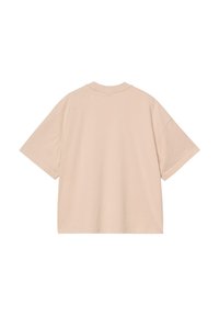 T-shirt in cotone beige con vestibilità rilassata, maniche corte e scollatura a girocollo. La parte posteriore è semplice, senza ulteriori dettagli o motivi.