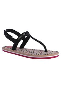 Sandalias de tiras trenzadas negras con una plantilla colorida manchada, que cuentan con una suela de goma rosa y acentos decorativos de cadena.