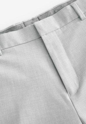 Pantaloni grigi chiari con una texture liscia, caratterizzati da una parte anteriore piatta, vita con passanti per cintura e una leggera lucentezza.