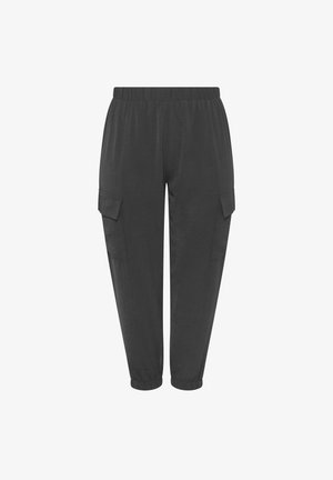 Pantaloni cargo grigio scuro con vita elasticizzata, tasche laterali con patta ed elastici alle caviglie, vista frontale su sfondo bianco.