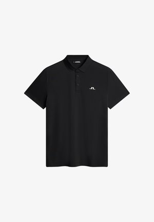 Svart polo skjorta i ett slätt, andningsbart tyg, med en klassisk krage och en liten vit logotyp på vänster bröstområde.