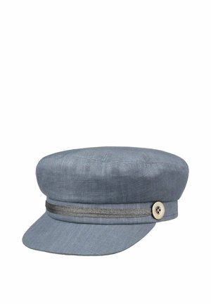 Light blue linen newsboy cap with a flat top, short brim, decorative band, and a single button on the left side.