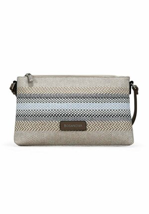 Bolso bandolera rectangular tejido con rayas beige, negras y azules, cierre de cremallera y parche con el logo Bosanova en marrón en el frente.