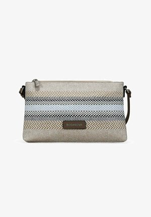 Bolso bandolera rectangular tejido con rayas beige, negras y azules, cierre de cremallera y parche con el logo Bosanova en marrón en el frente.