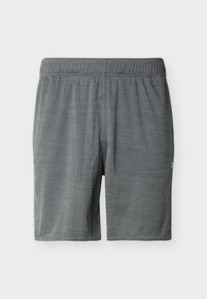 Shorts de sport gris avec taille élastique, longueur mi-cuisse, et motif texturé horizontal subtil sur le tissu.