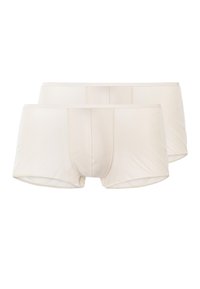 Beige men's boxer briefs in a soft, smooth fabric. Features a fitted design with a supportive front pouch and subtle stitching details.