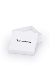 Weiße Pappschachtel mit einem flachen Deckel, auf der sich ein schwarzes "Tamaris"-Logo befindet. Das Innere ist leer und zeigt das saubere, minimalistische Design der Box.
