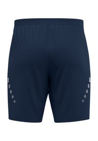 Pantaloni sportivi blu navy con una superficie liscia, cintura elasticizzata e dettagli riflettenti su entrambi i lati con motivi circolari.