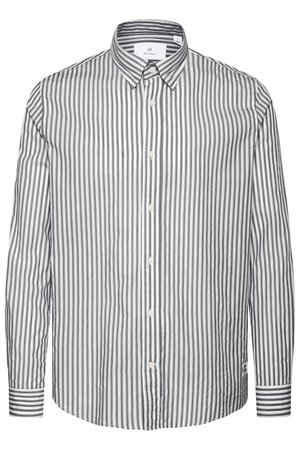 Grå og hvide vertikalt stripede langærmede skjorte med krave, knaplukning og kontrasterende stripede detaljer på manchetterne.