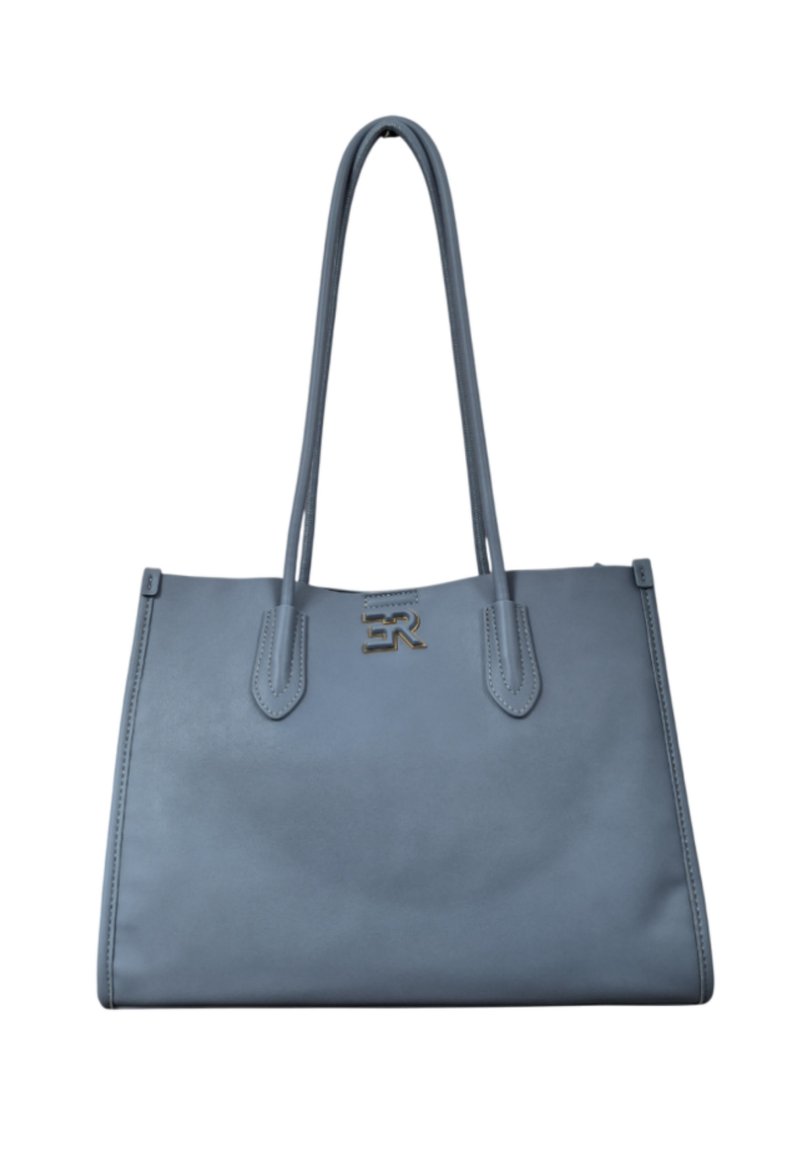 Borsa a tracolla in pelle blu con due spallacci, un accento con logo dorato e texture liscia. Presenta una forma strutturata e rettangolare.