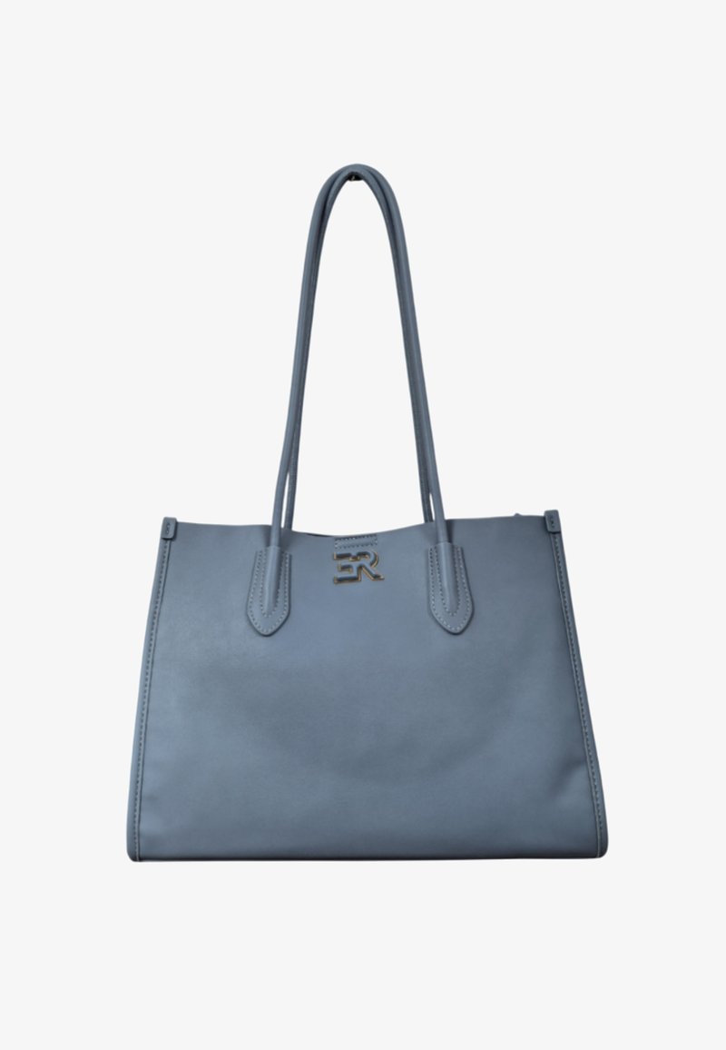 Borsa a tracolla in pelle blu con due spallacci, un accento con logo dorato e texture liscia. Presenta una forma strutturata e rettangolare.
