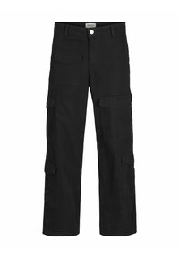 Pantaloni cargo negri dintr-un material durabil, având mai multe buzunare laterale, un design cu picior drept și o închidere cu nasture la talie.