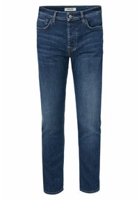 Tummansiniset farkut slim fit -leikkauksella, viidellä taskulla ja metallinappikiinnityksellä. Kangas on sileäpintainen ja siinä on hieno haalistuma.