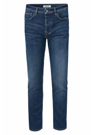 Jeans de mezclilla azul oscuro con un corte ajustado, diseño de cinco bolsillos y cierre de botón metálico. La tela tiene una textura suave con un ligero desgaste.