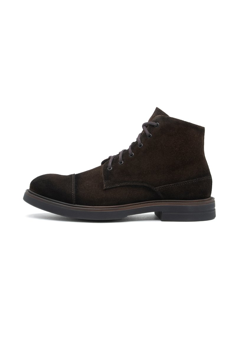 Dark brown suede ankle boots with a rounded toe, lace-up front, and a contrasting black rubber sole. Features stitching and minimal design elements.