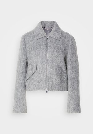 Gray cropped jacket made of felted material, featuring a zip front, large collar, and two angled front pockets. Smooth texture throughout.