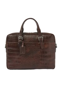 Bruine leren laptoptas met krokodillenpatroon, rechthoekige vorm, dubbele handvatten, verstelbare riemen en metalen accenten.