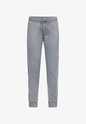 Graue Sporthosen mit einem Kordelzugbund, schmal zulaufendem Bein und seitlichen Streifen, die eine kontrastierende Textur und Logo-Details aufweisen.
