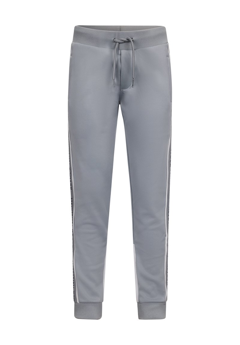 Grijze sportbroek met een drawstring tailleband, taps toelopende pijpen, en zijstrepen met een contrasterende textuur en logo-detail.