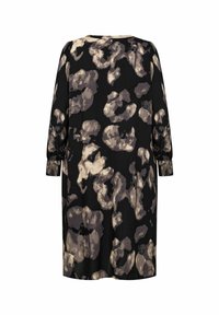 Långärmad klänning i knälängd med svart bakgrund och abstrakt leopardmönster i taupe och grått. Har plisserade ärmar och rund halsringning.