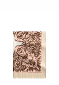 Zijden sjaal met een paisleypatroon in bruin en zachtroze, omzoomd met een lichtbeige rand met een subtiele franjerand.