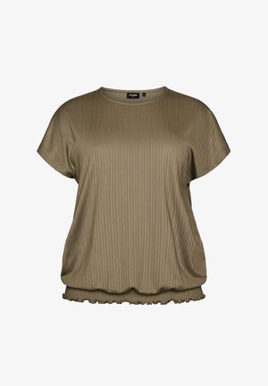 Kurzärmelige olivgrüne gerippte Bluse mit rundem Ausschnitt und elastischem gerafftem Saum, Größe Medium.