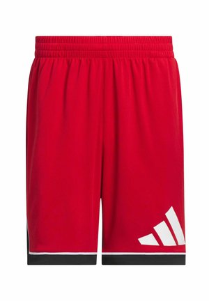 Shorts sportivi rossi con vita elasticizzata, accenti neri all'orlo e un logo a tre strisce bianche in basso a sinistra. Tessuto leggero.