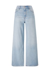 Světle modré široké denimmov�é džíny s vysokým pasem, rovnými nohavicemi a čistým lemem. Obsahují přední kapsy a zapínání na knoflík.