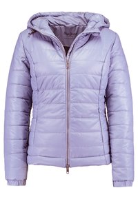 Lavendel pufferjacka med dragkedja fram och huva. Har kviltad textur, elastiska ärmslut och en slät, glänsande yta.
