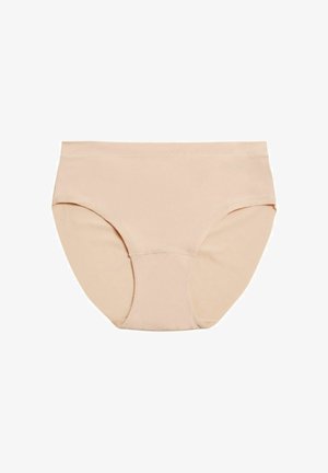 Ropa interior de algodón beige con una textura suave, diseño de cobertura completa y sin costuras visibles. Cuenta con una banda elástica en la cintura para mayor comodidad.