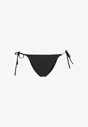 Svart bikini-bunn med justerbare knytninger på begge sider, slank design og en glatt, teksturert finish. Minimalistisk stil uten mønstre.