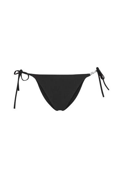 Bas de bikini noir avec des liens réglables de chaque côté, design épuré et finition lisse et texturée. Style minimaliste sans motifs.