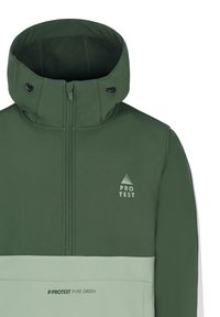 Oliven grøn halv lynlås trøjejakke med høj krave, der har en lysere grøn panel og logo. Fremstillet af glat, tekstureret stof.