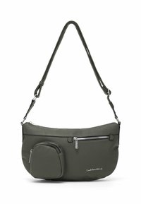 Borsa a tracolla verde in pelle con forma arrotondata, tracolla regolabile, tasca zip frontale e una piccola borsa staccabile sul lato.